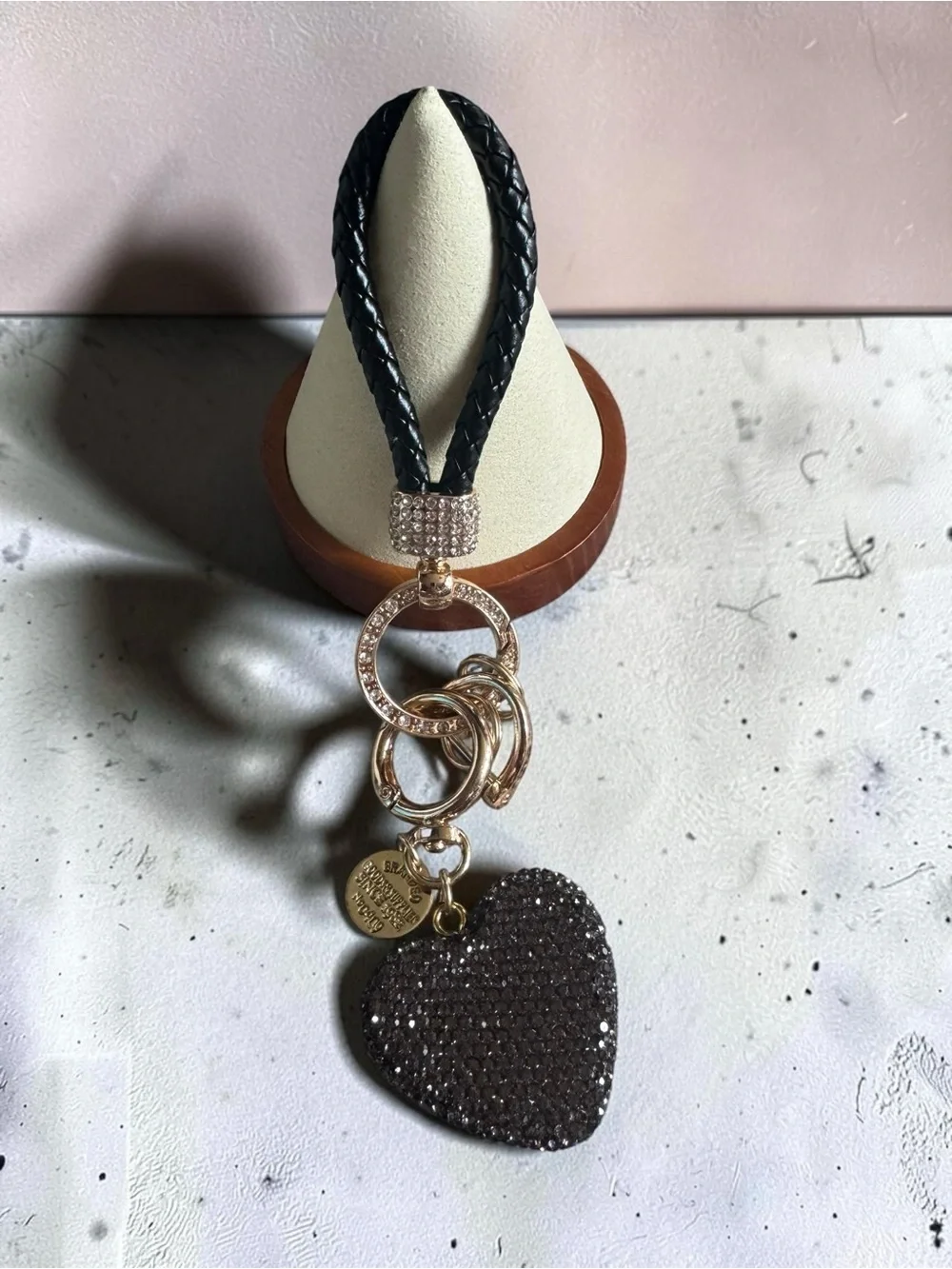 Black Braided Strap Keychain with Gold-Tone Heart Charm